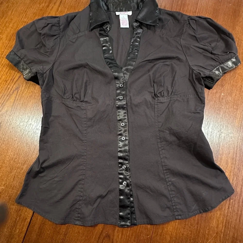 VTG Y2K Brown Fitted Babydoll Blouse‎ Satin Trim Puff Sleeve Coquette Top Sz L